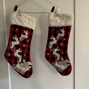Festive Red and Black Checkered Stockings with Reindeer